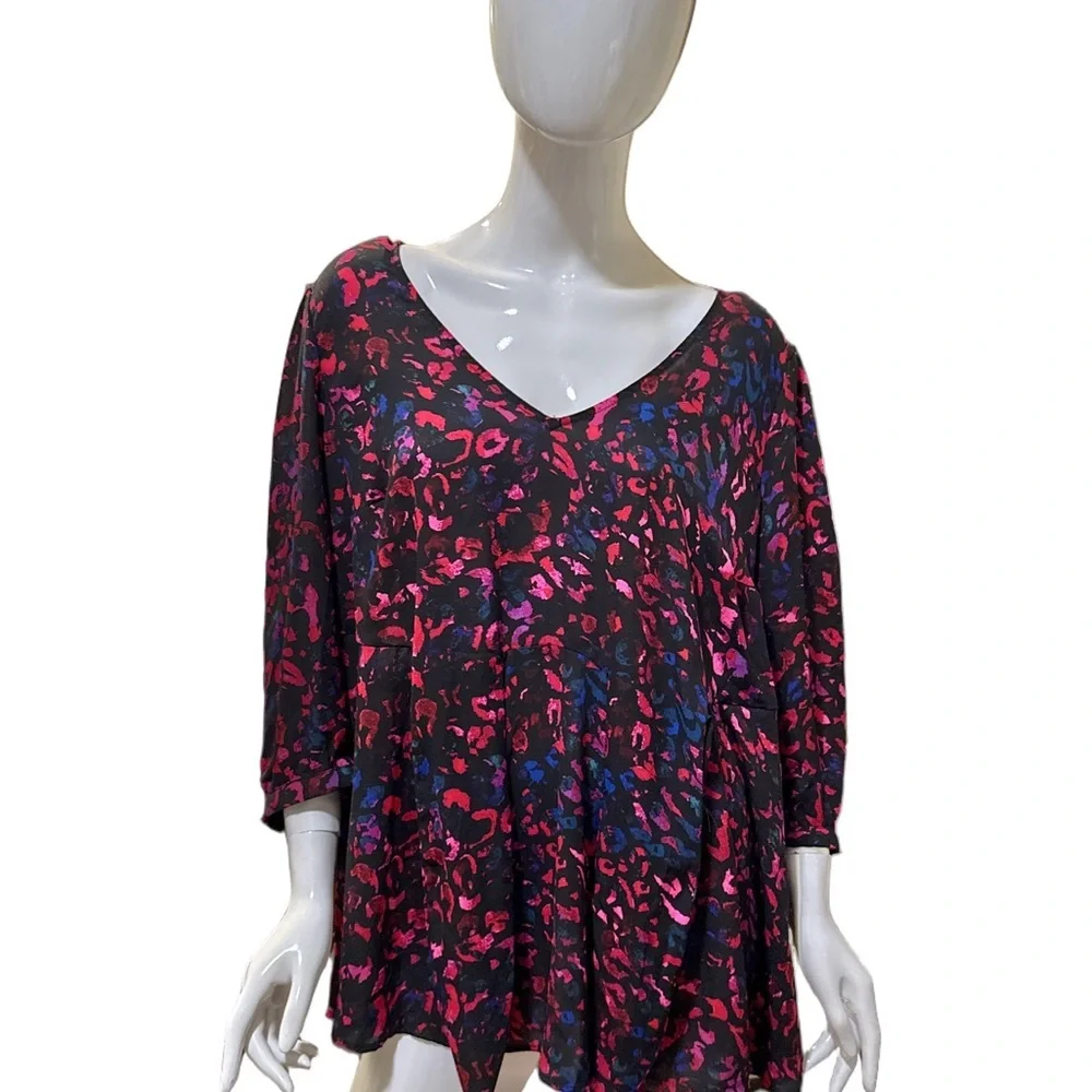Torrid Peplum Georgette Tie Front Leopard Print  Blouse Plus Size 2X Black Pink - Picture 4 of 14